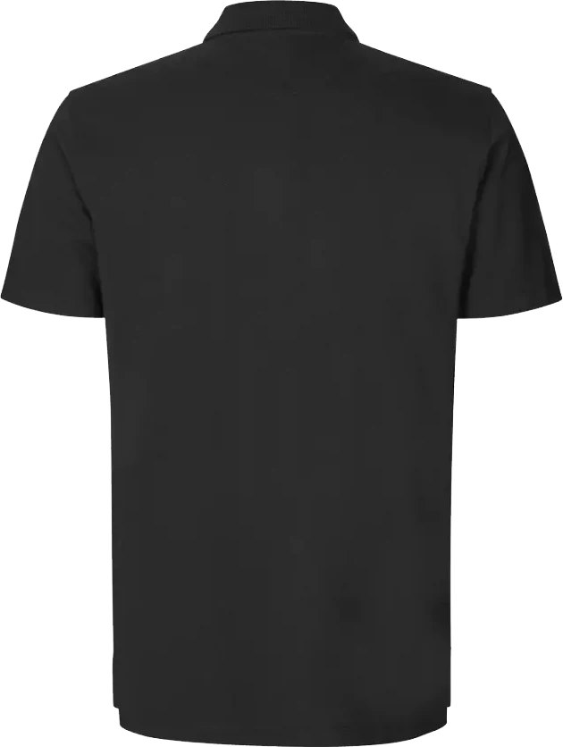 Schwarzes Poloshirt von hinten mit Markierung an der Stelle der R&uuml;ckenstickerei