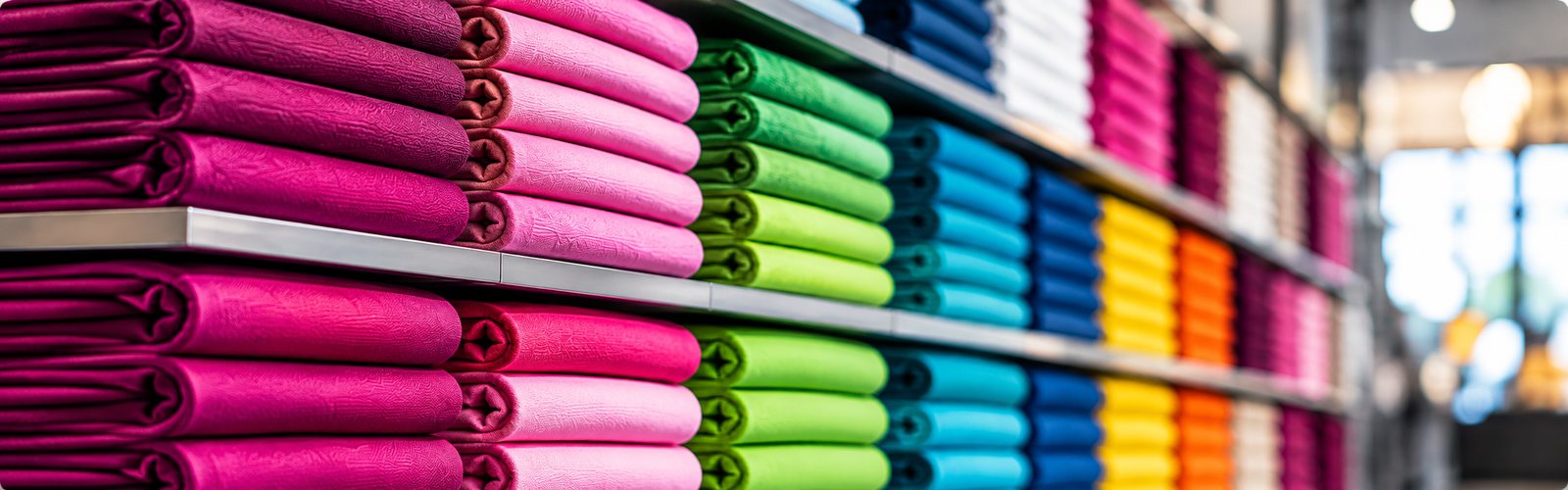 Regal mit gestapelten Textilien in Magenta, Pink und vielen weiteren Farben