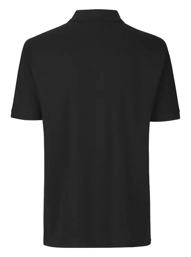 Schwarzes Poloshirt von hinten mit Markierung an der Stelle der R&uuml;ckenstickerei